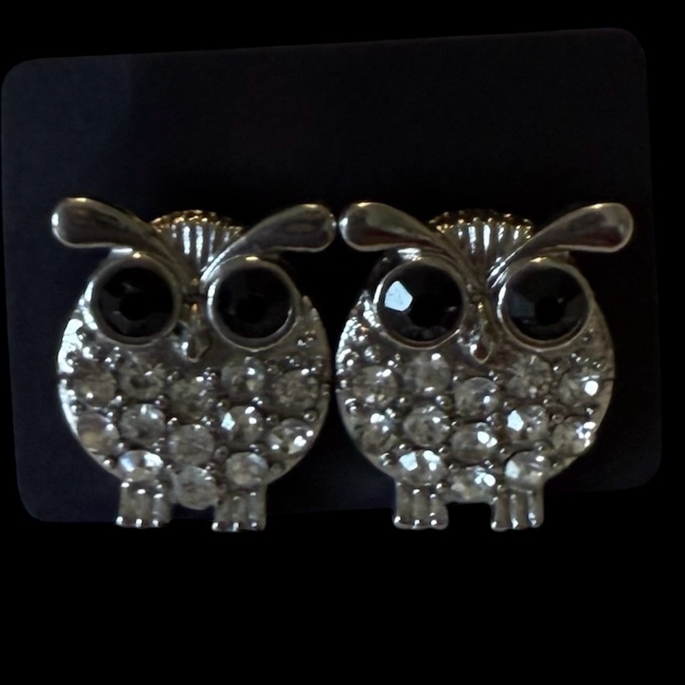 Owl earrings silver tone with black and crystal rhinestones,‎ unmarked